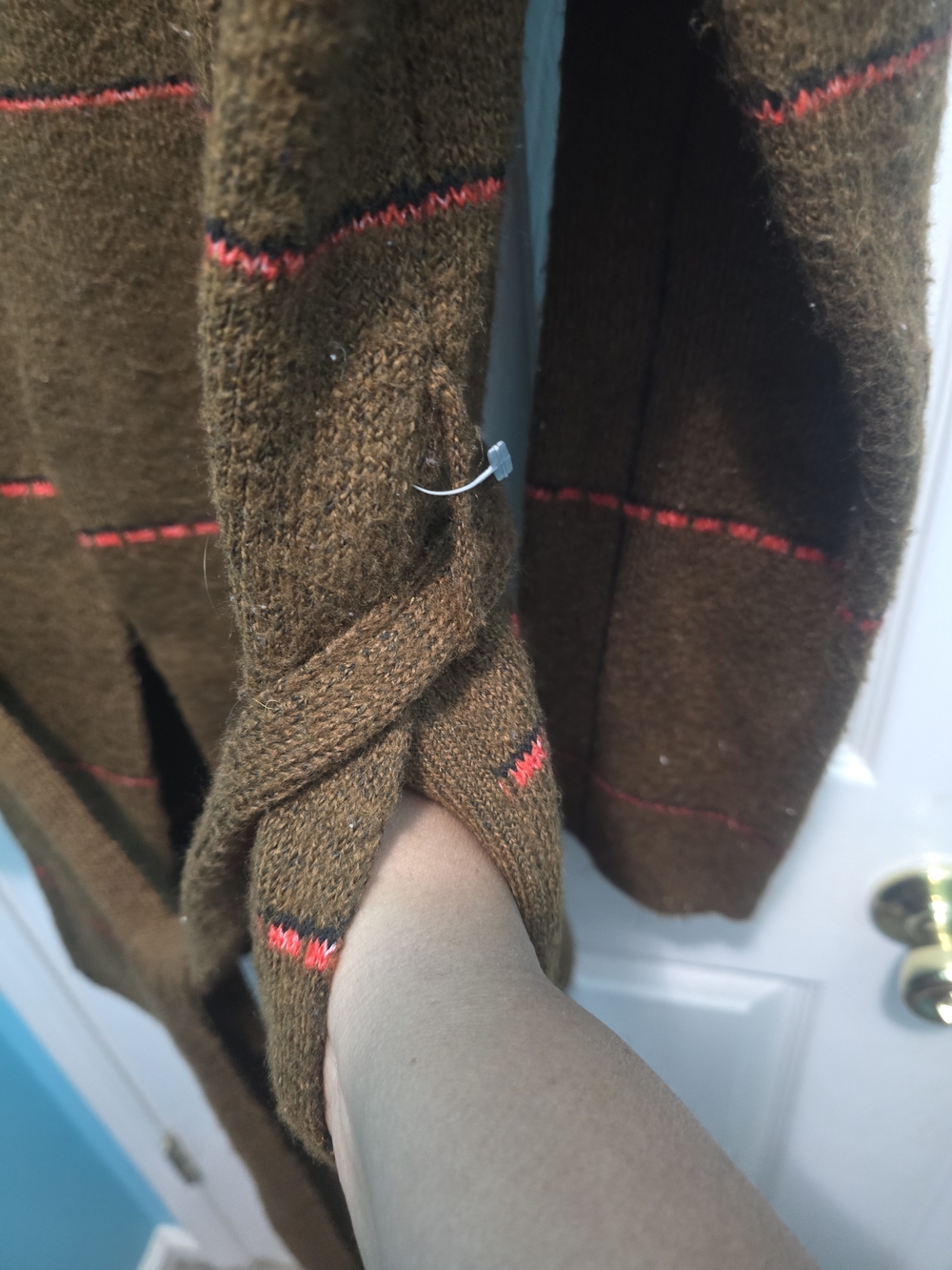 Open-Front Belted Cardigan Sweater in Brown with Red Stripe Size XL - Picture 4 of 4